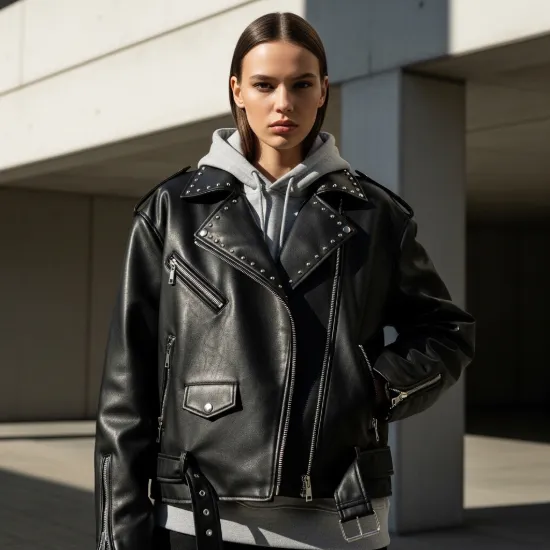 Raven Fermuar Detaylı Suni Deri Biker Ceket